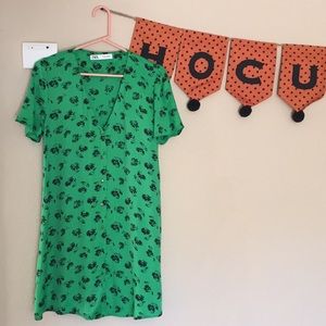 Zara Green Button Down Dress w/ Black Florals
